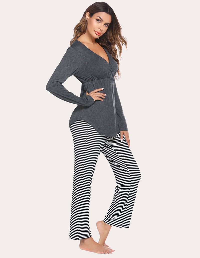 Maternity nursing pajama set with long-sleeve V-neck top and black-and-white striped pants