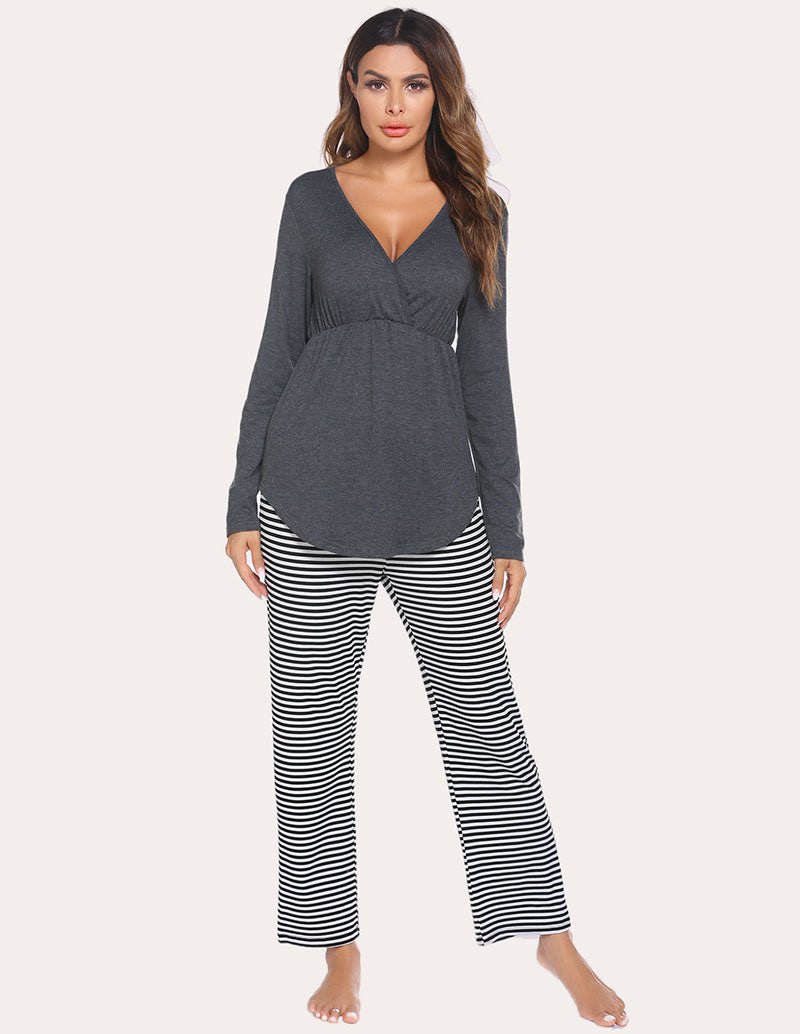 Maternity nursing pajama set with long-sleeve V-neck top and black-and-white striped pants