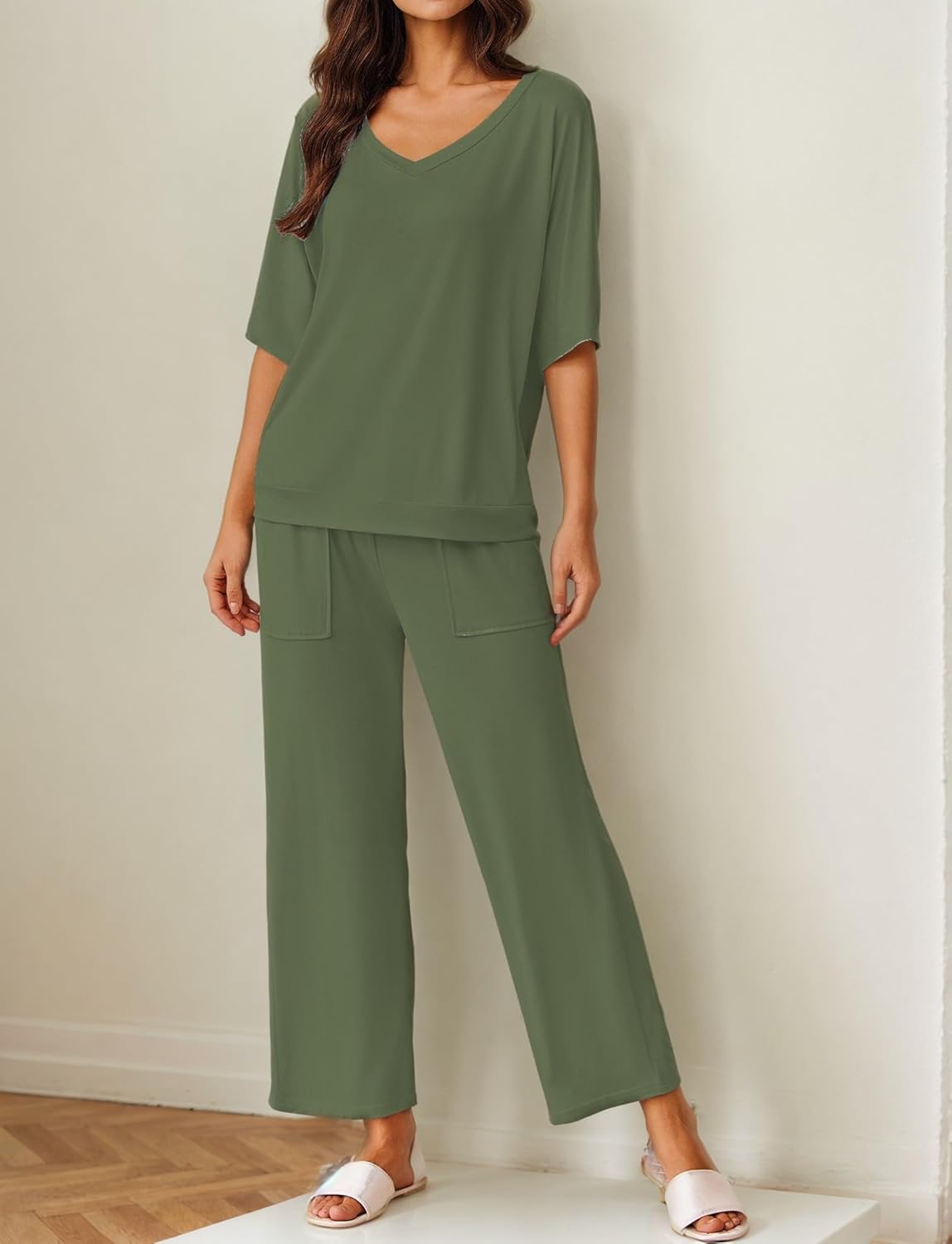 Olive green pajama set: V-neck short-sleeve top with wide-leg pants and side pockets