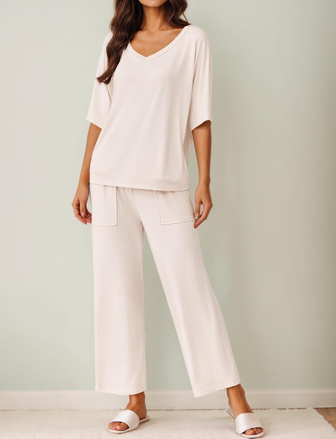 Cream short-sleeve pajama set with V-neck top and wide-leg pants, front pockets