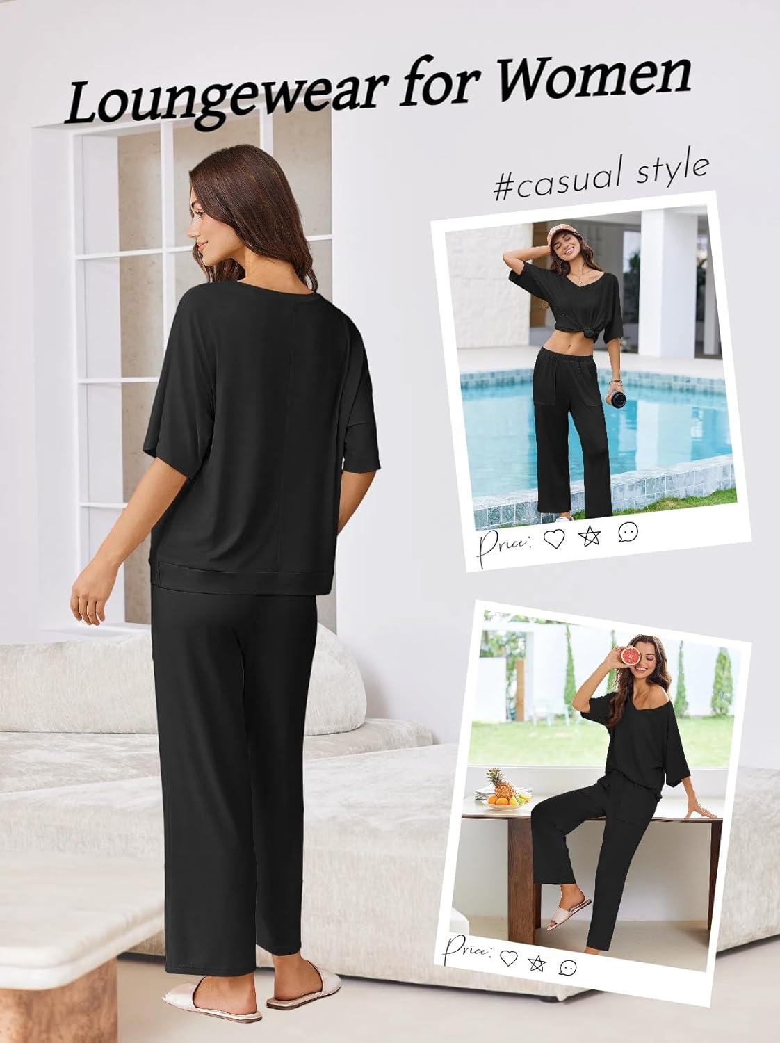 Black loungewear set: short-sleeve cropped top and wide-leg pants with pockets