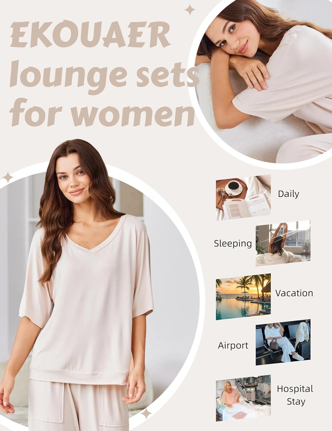White pajama set: V-neck short-sleeve top and wide-leg pants
