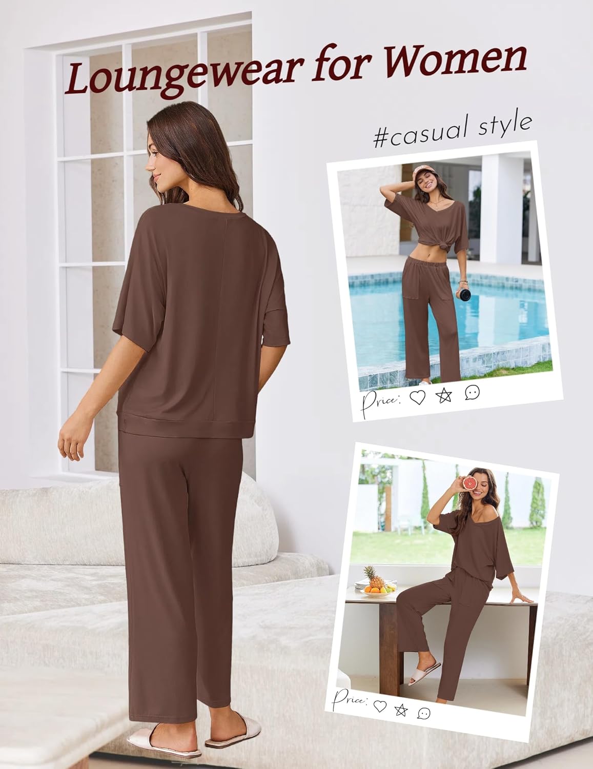 Dark brown lounge set: short-sleeve V-neck top with wide-leg pants