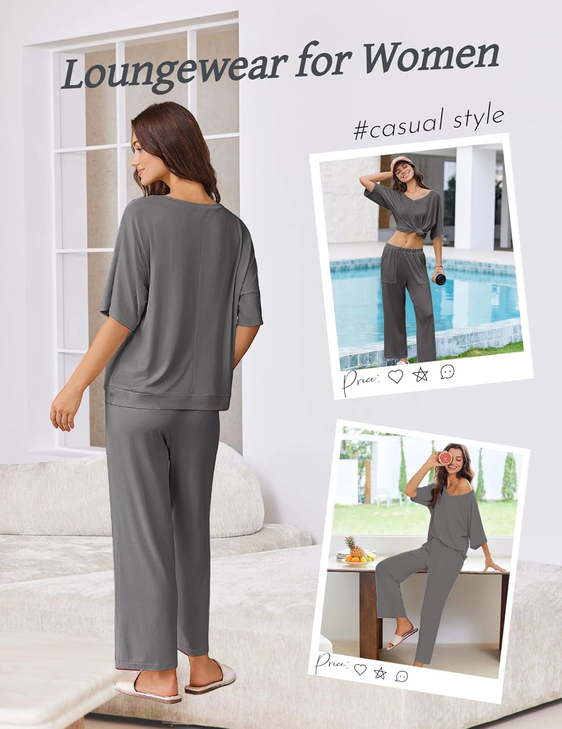 Gray pajama set: short-sleeve top and wide-leg pants, back view