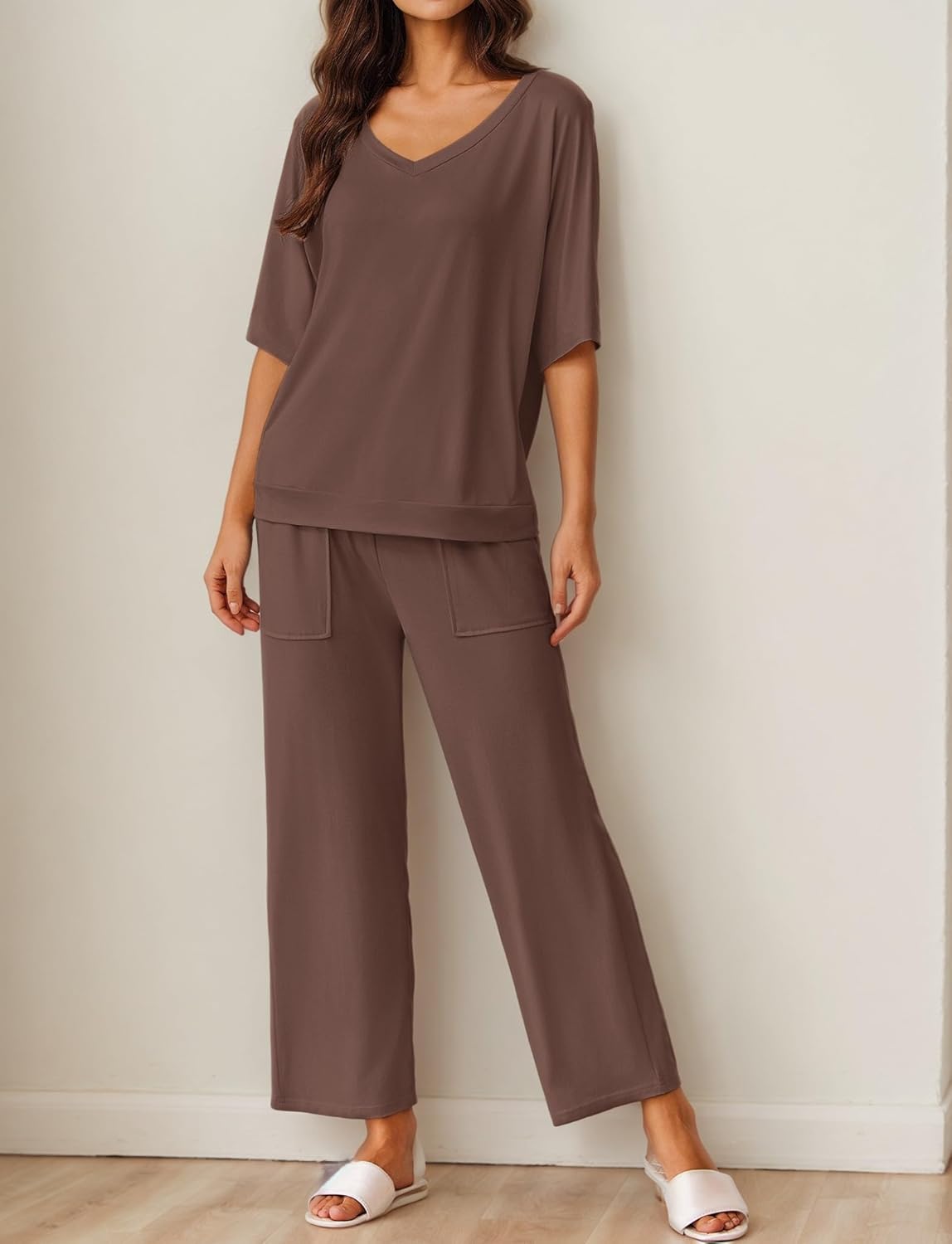 Brown pajama set with short-sleeve V-neck top and wide-leg pants