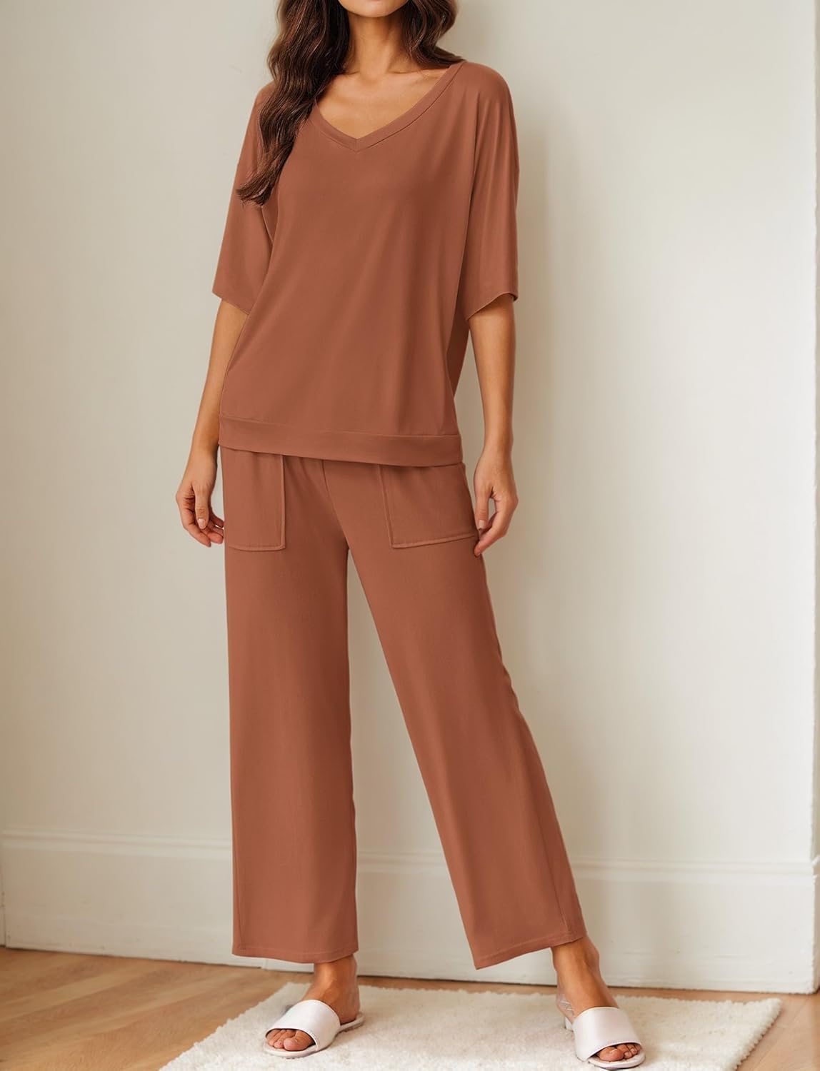 Camel/tan pajama set with V-neck short-sleeve top and wide-leg pants, side pockets