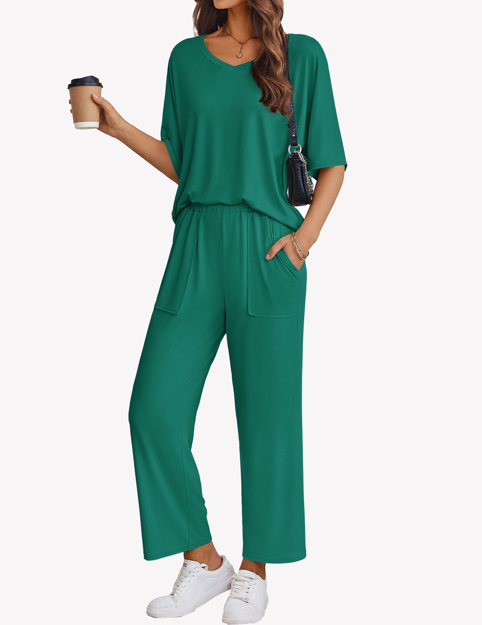 Ivy green pajama set with short-sleeve V-neck top and wide-leg pants, drawstring waist