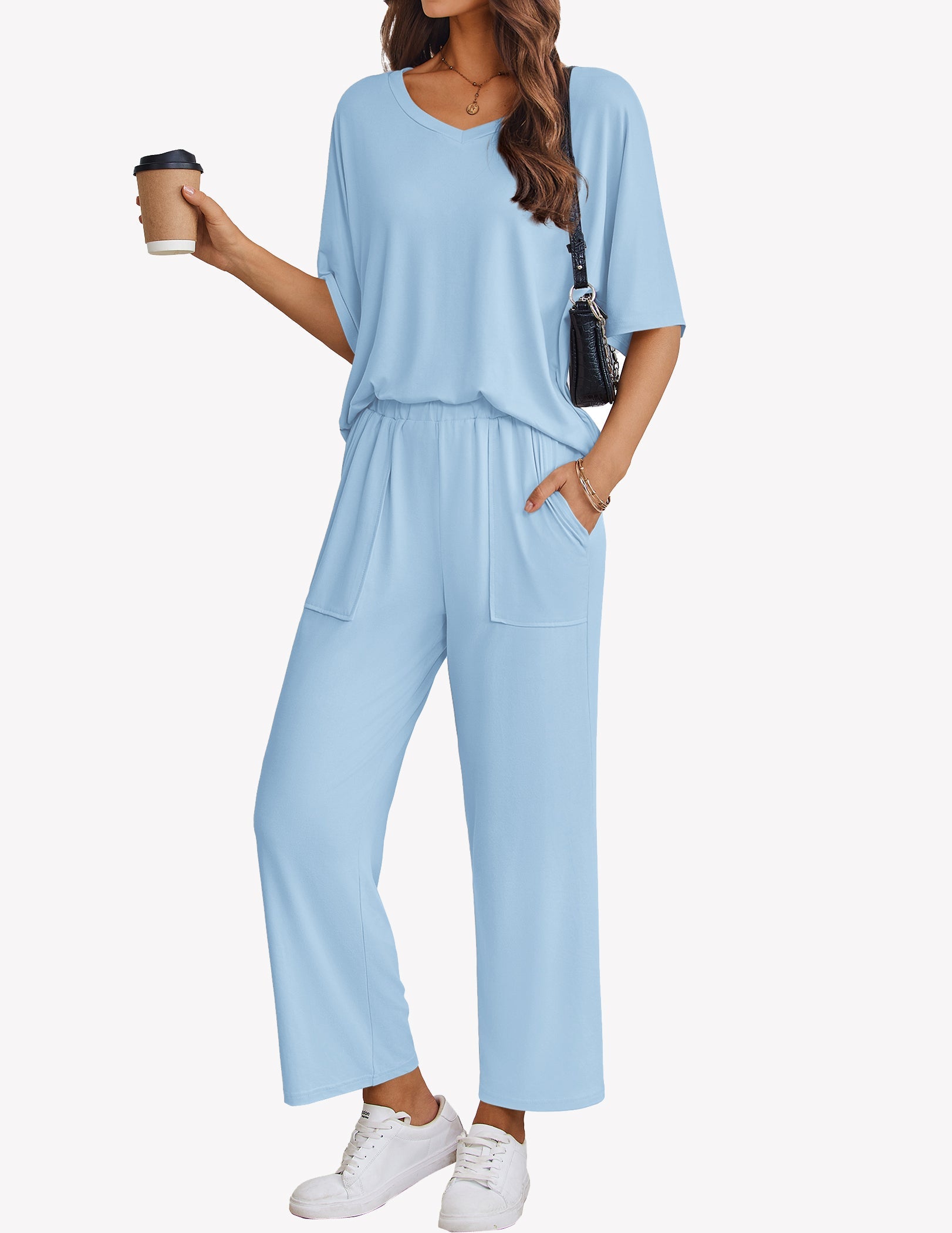 Clear blue pajama set with short-sleeve V-neck top and wide-leg pants, drawstring waist