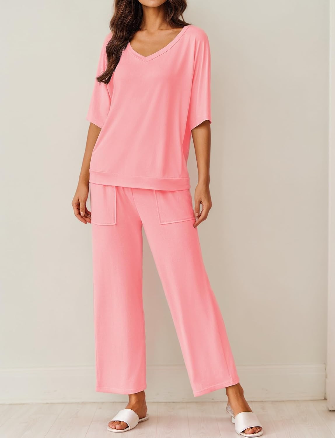 Rose pink pajama set with short-sleeve V-neck top and wide-leg pants, patch pockets