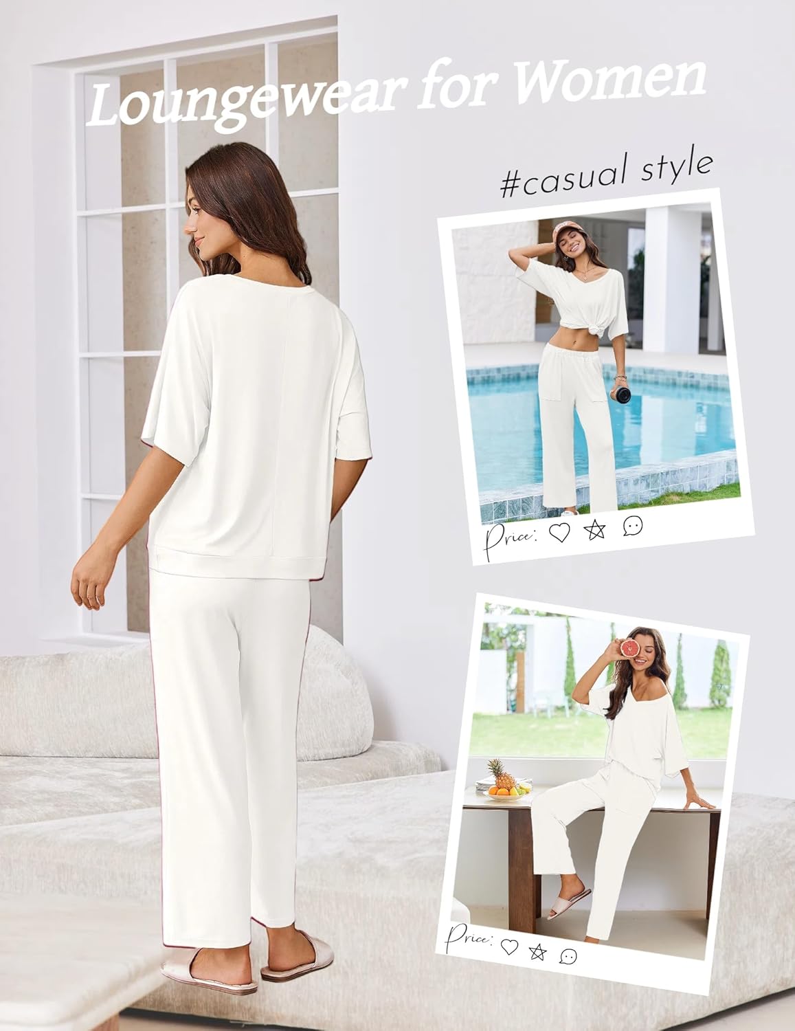 Pajamas set: short-sleeve top and wide-leg pants, light/cream color, relaxed fit