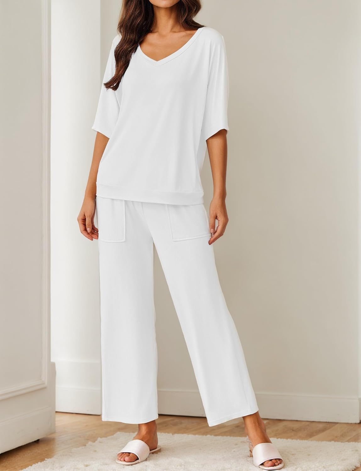 White pajama set: V-neck short-sleeve top and wide-leg pants