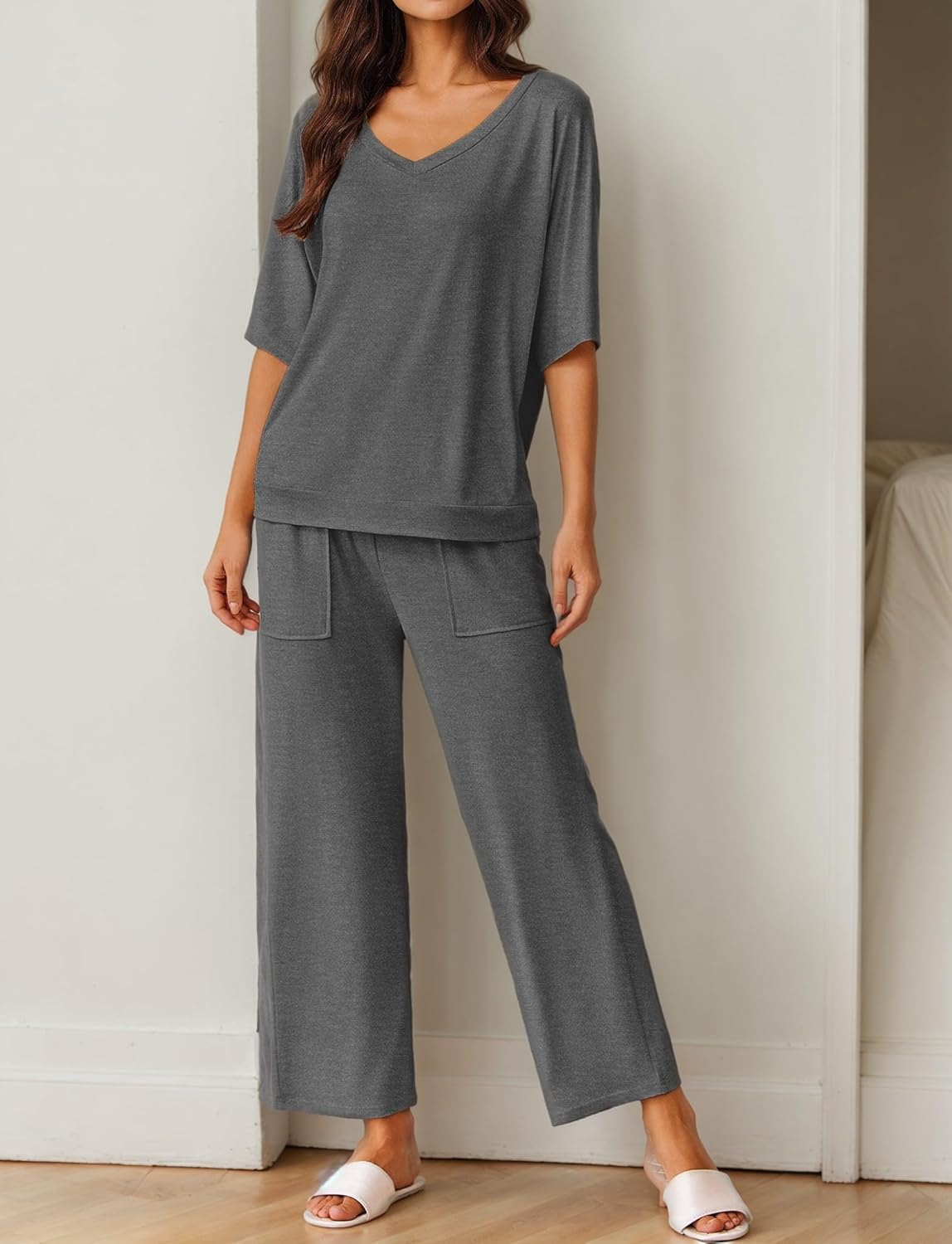 Dark gray pajama set: V-neck short-sleeve top with wide-leg pants and patch pockets