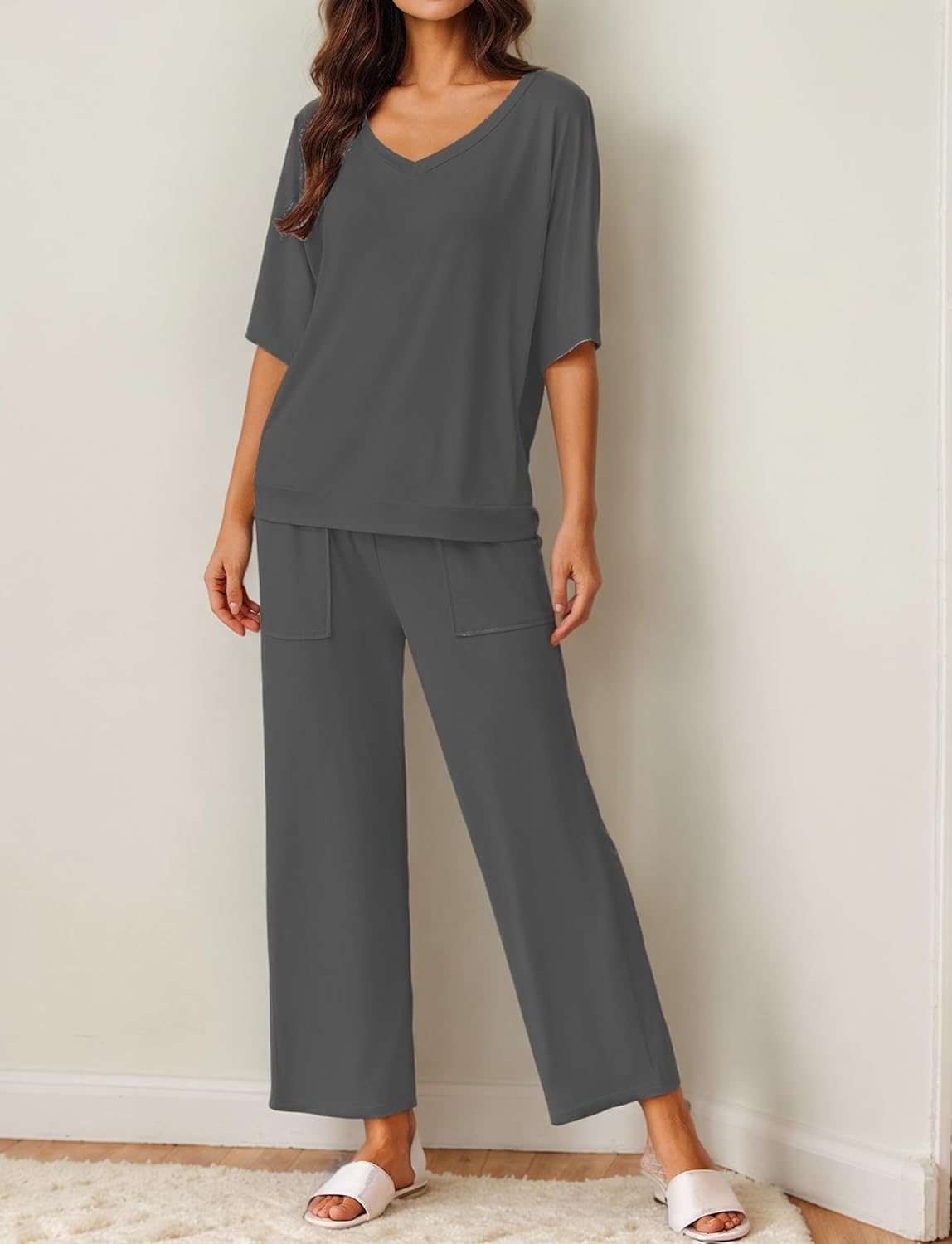 Gray pajama set: short-sleeve V-neck top and wide-leg pants
