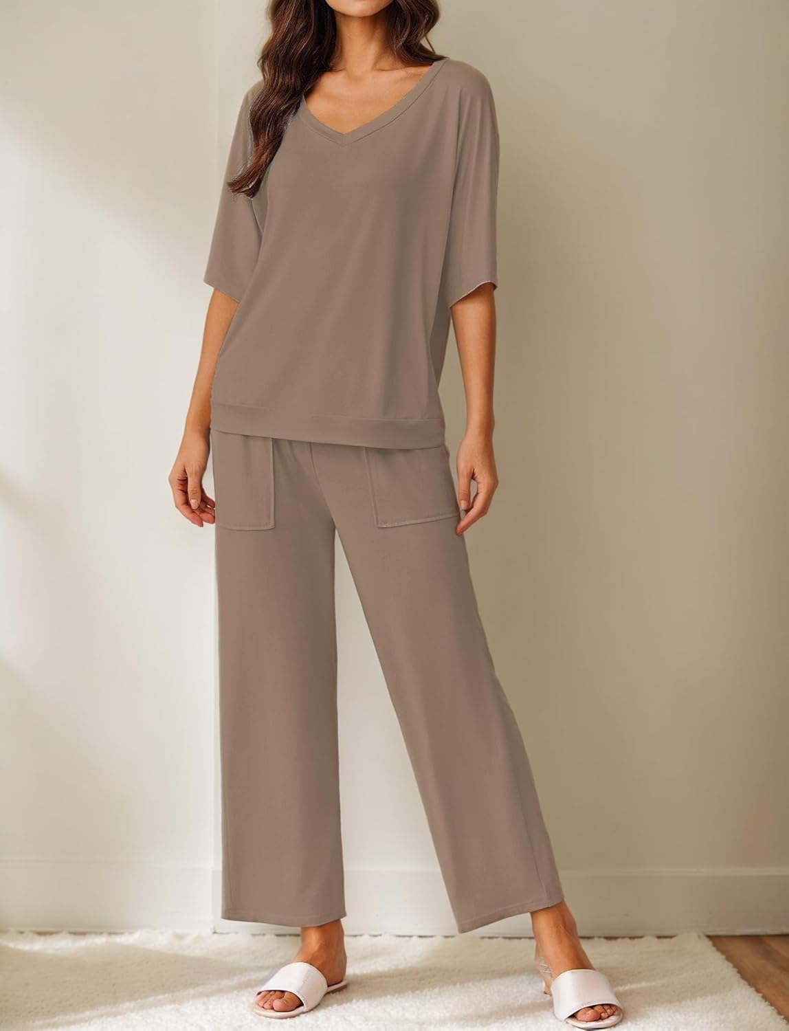 Camel pajama set with short-sleeve V-neck top and wide-leg pants, side pockets