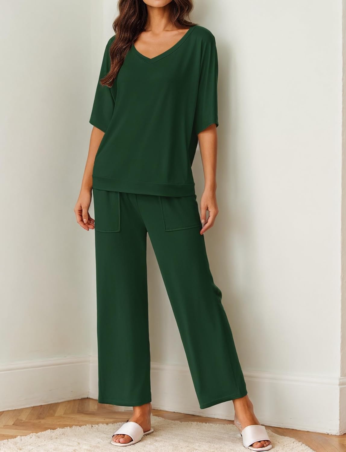 Ivy green pajama set with short-sleeve V-neck top and wide-leg pants, patch pockets