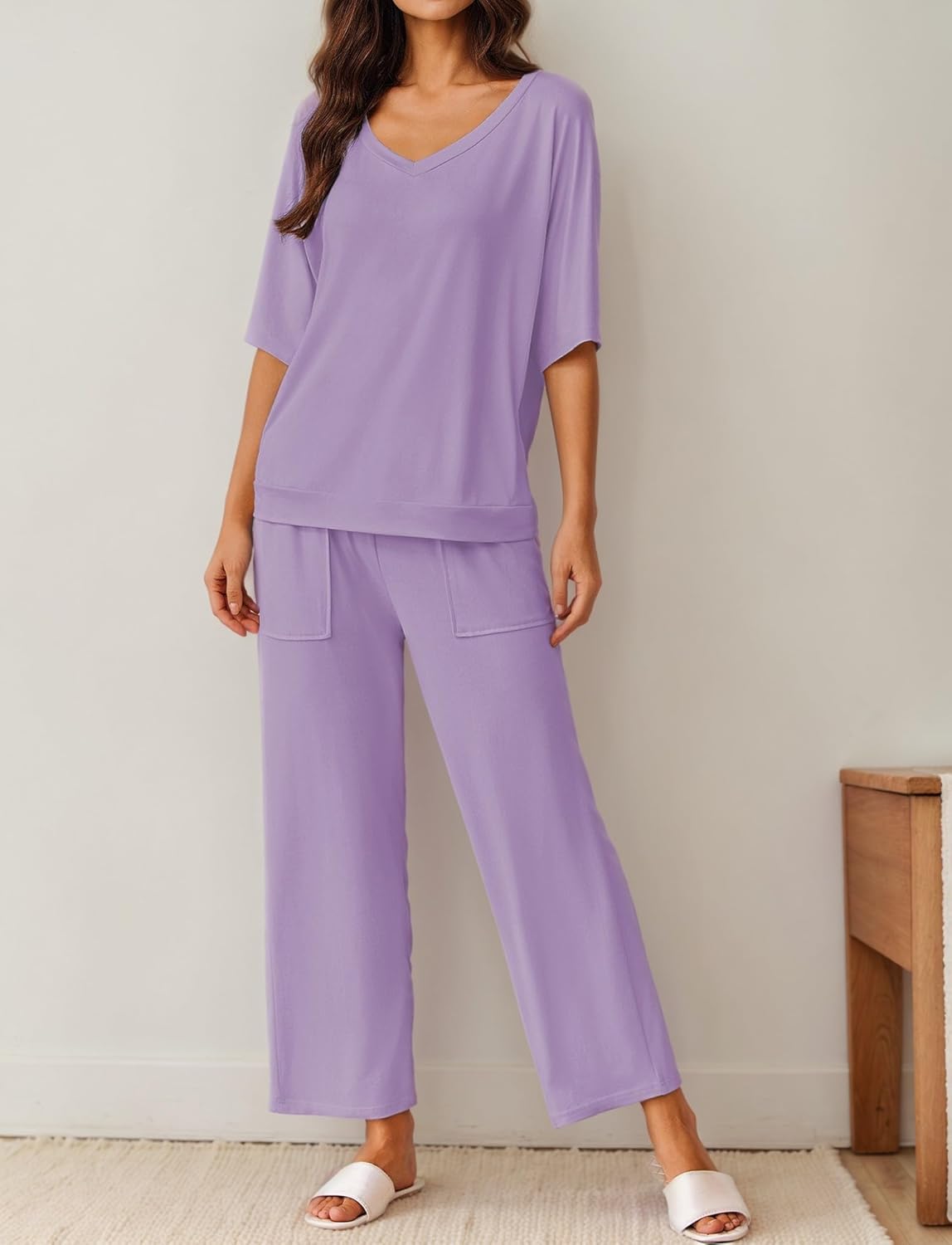 Lilac pajama set: V-neck short-sleeve top and wide-leg pants with side patch pockets