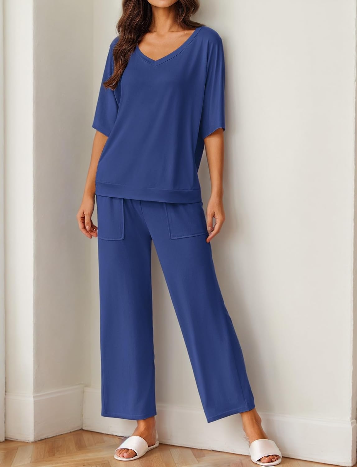 Navy blue pajama set with V-neck short-sleeve top and wide-leg pants, patch pockets
