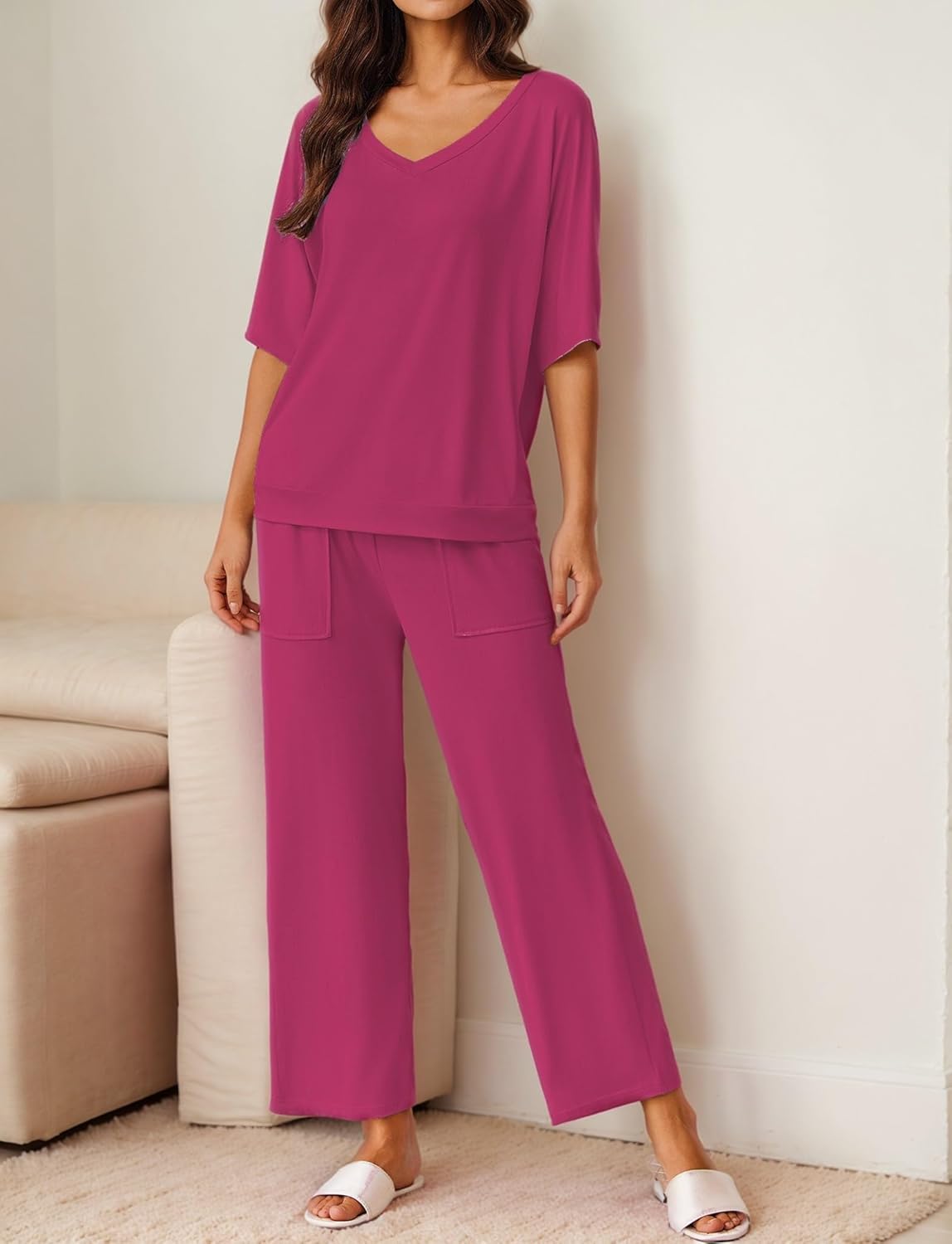 Purple pajama set with V-neck short-sleeve top and wide-leg pants, front pockets