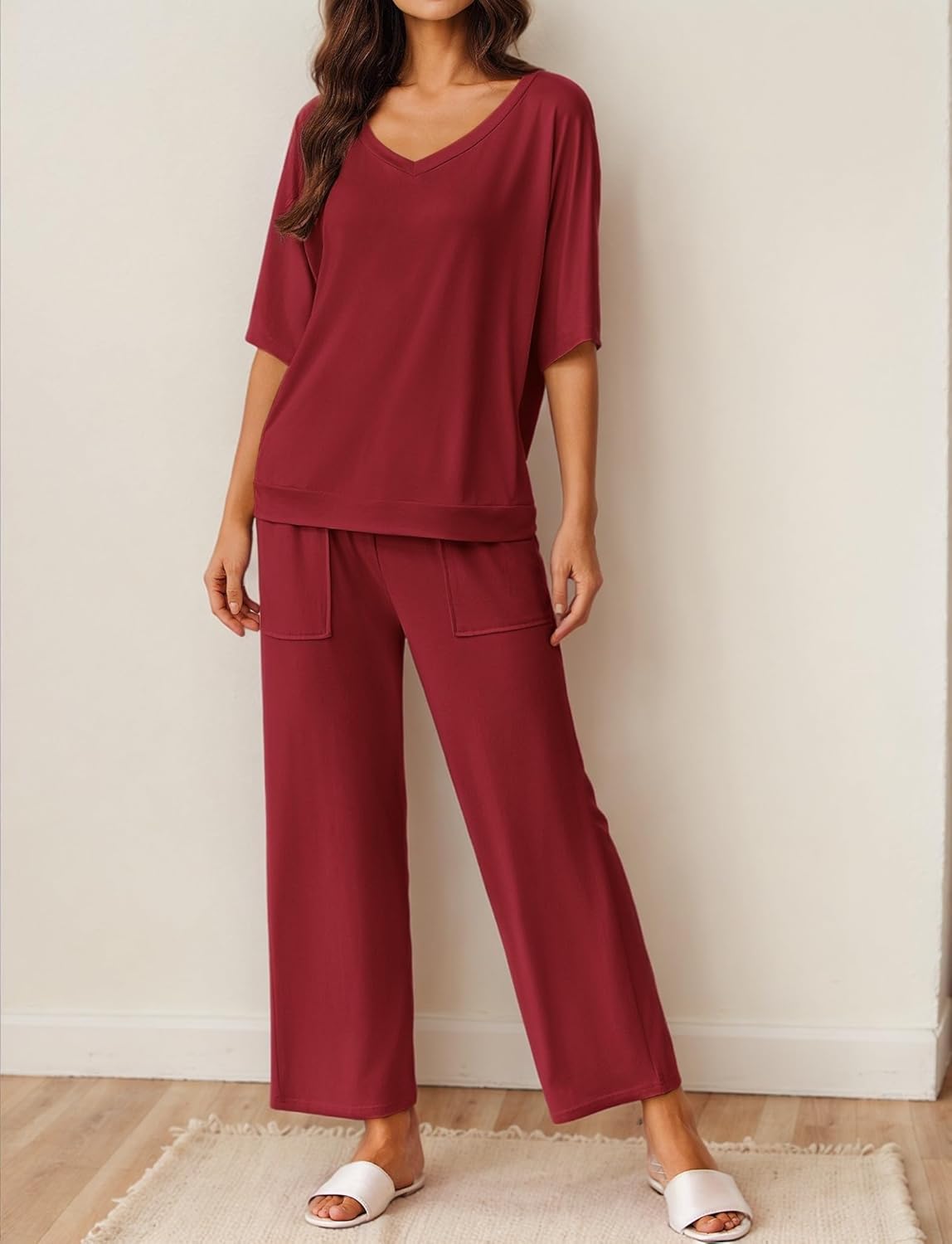 Wine red pajama set: V-neck short-sleeve top and wide-leg pants with side pockets