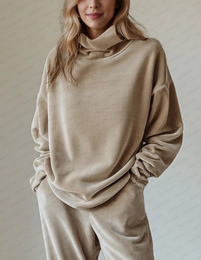 Khaki Pleuche velvet lounge set: draped cowl neckline, ruched sleeves