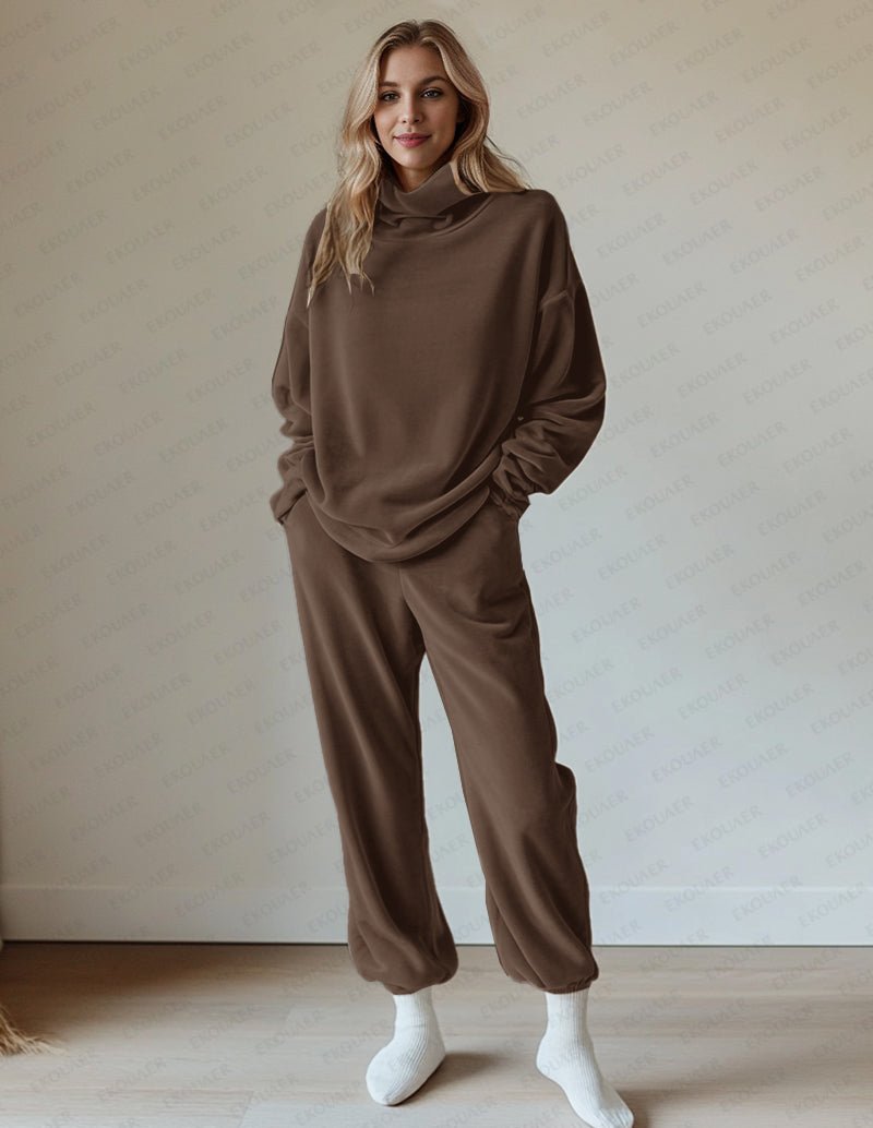 Brown Pleuche velvet lounge set: cowl hoodie and jogger pants