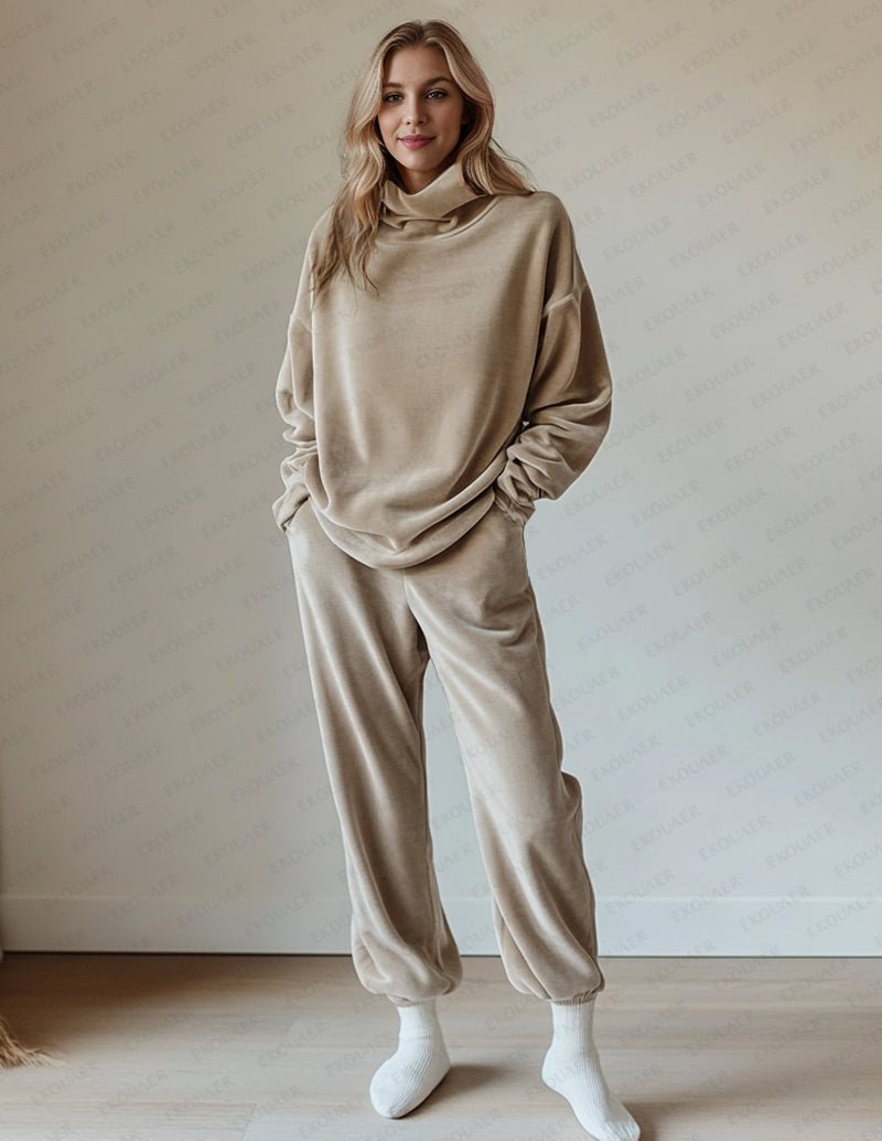 Khaki Pleuche velvet lounge set: cowl hoodie and jogger pants
