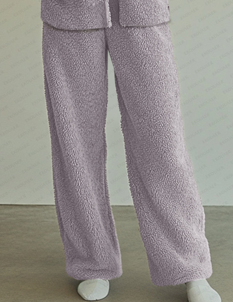 Purple polar fleece lounge set pants with wide legs and soft elastic cuffs