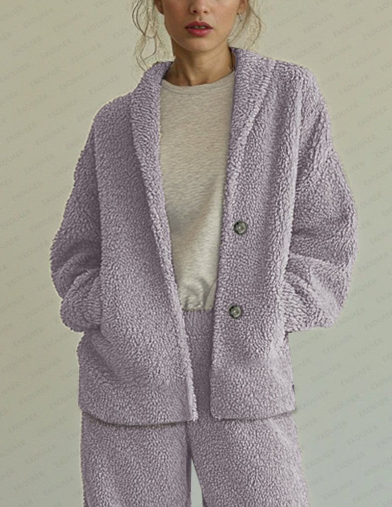 Purple polar fleece lounge set cardigan with button front, open style