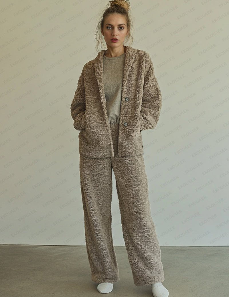 Khaki polar fleece 2-piece lounge set with button cardigan and wide-leg pants