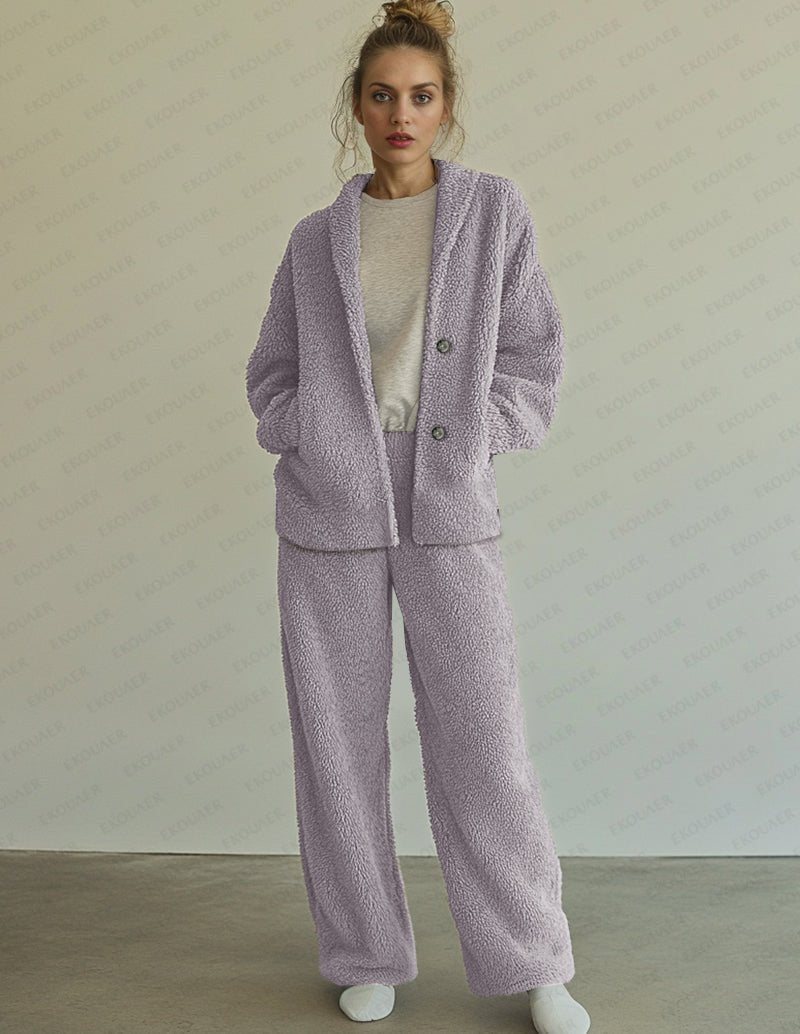 Purple polar fleece 2-piece lounge set with button cardigan and pants