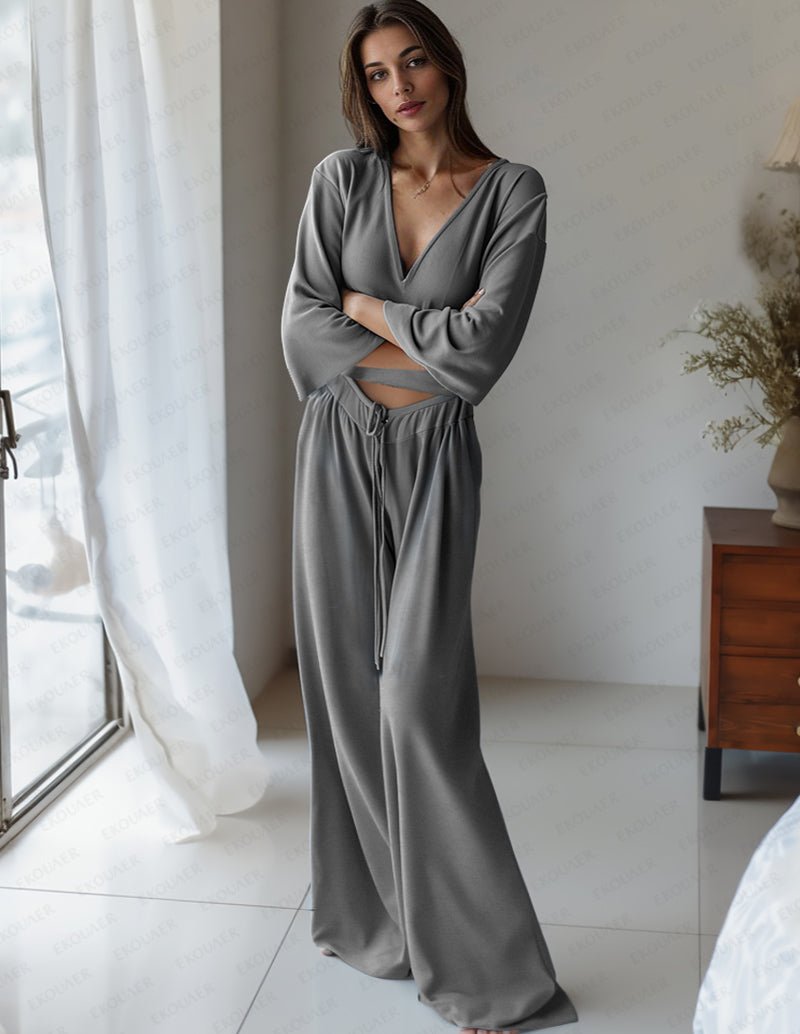 Grey 2-piece loungewear set with V-neck wrap-style top and wide-leg pants