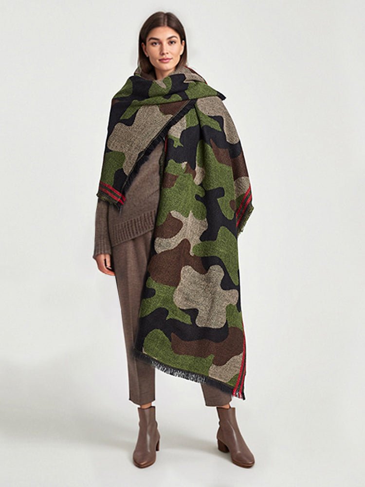 Camo shawl scarf draped on model, green and dark camo with red trim