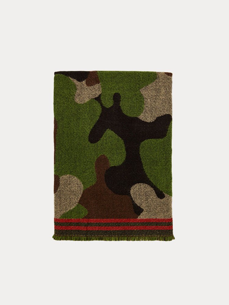 Camo shawl scarf folded flat, green camo pattern with red striped hem