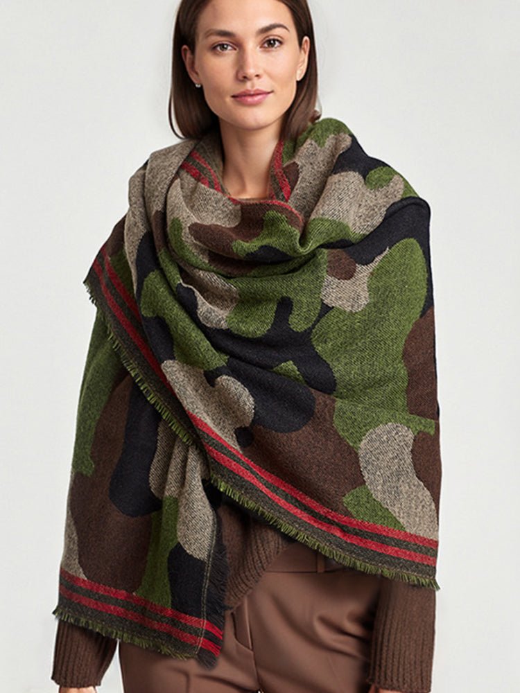 Camo shawl scarf in green and dark tones with red striped edges