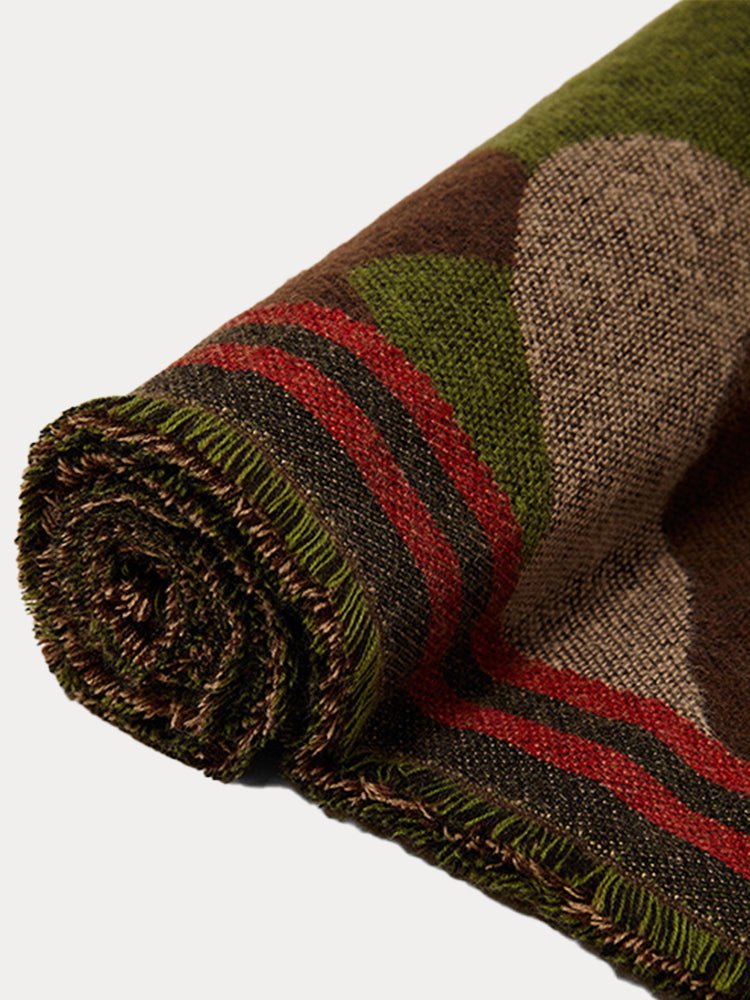 Camo shawl scarf rolled detail, fringed end with red stripe band
