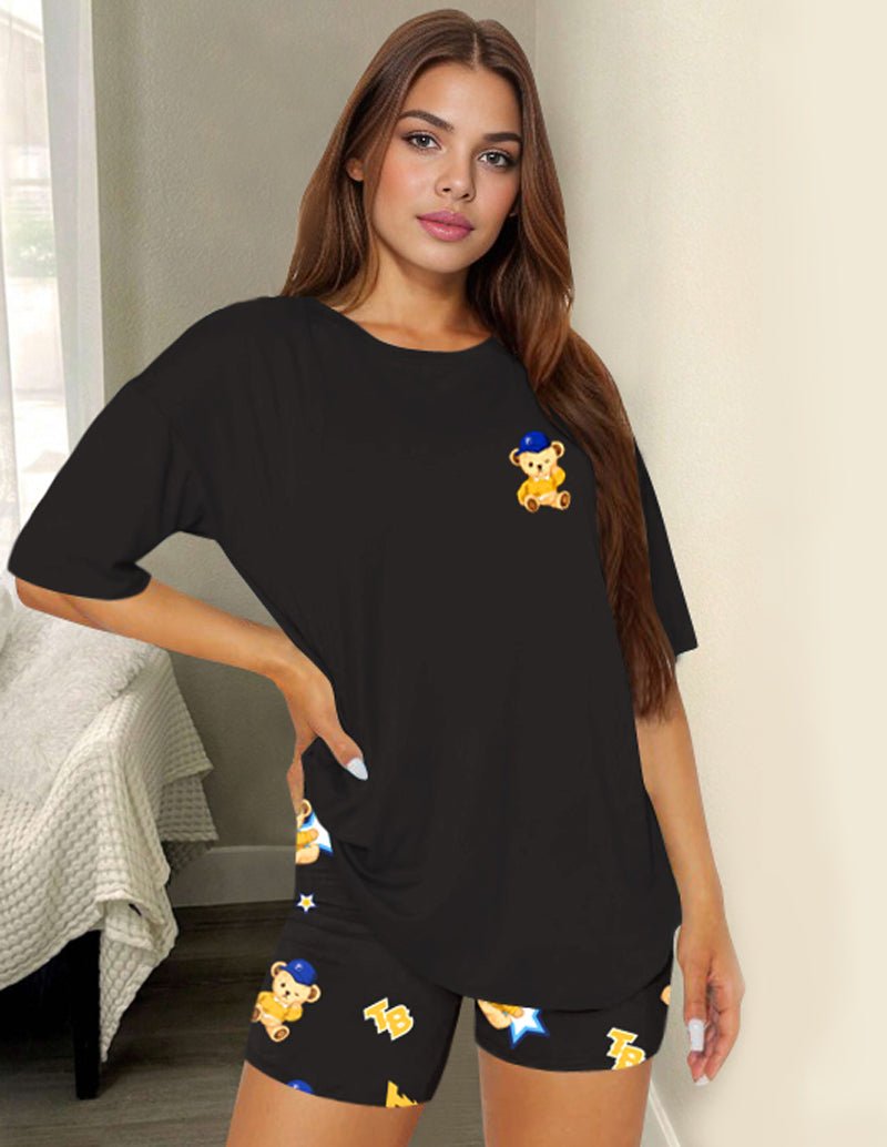 Black teddy bear casual set: short-sleeve tee with matching shorts, bear graphic print