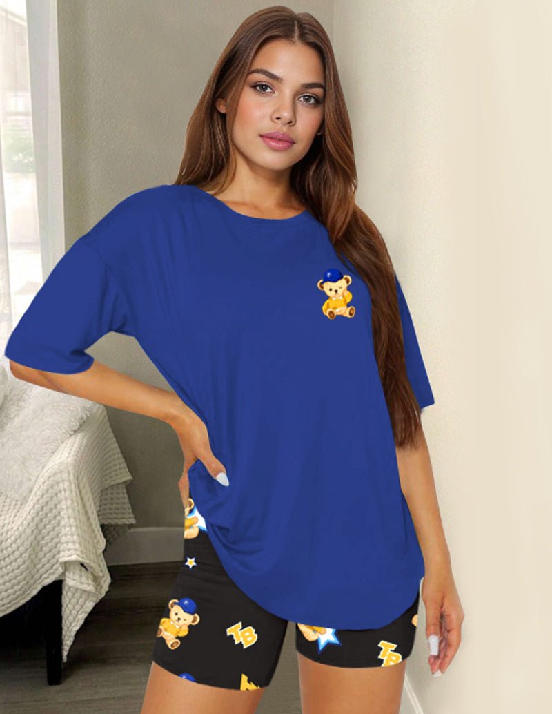 Blue teddy bear casual set: short-sleeve tee with matching shorts, bear graphic print