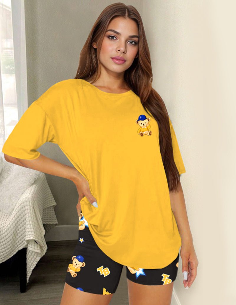 Yellow teddy bear casual set: short-sleeve tee with matching shorts, bear graphic print