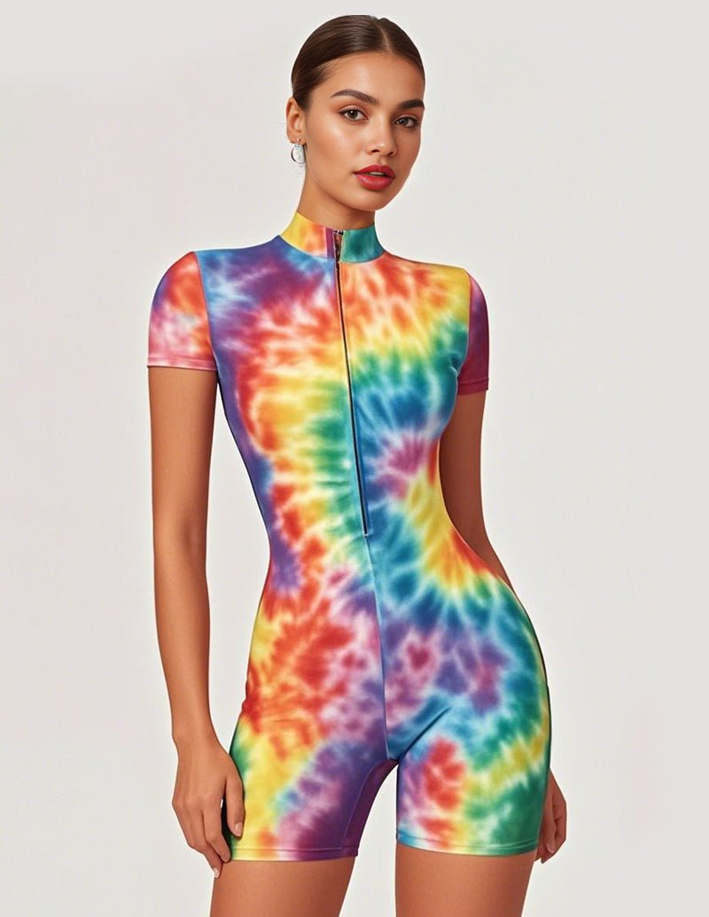 Multicolor tie-dye zip-front jumpsuit with short sleeves and high neckline