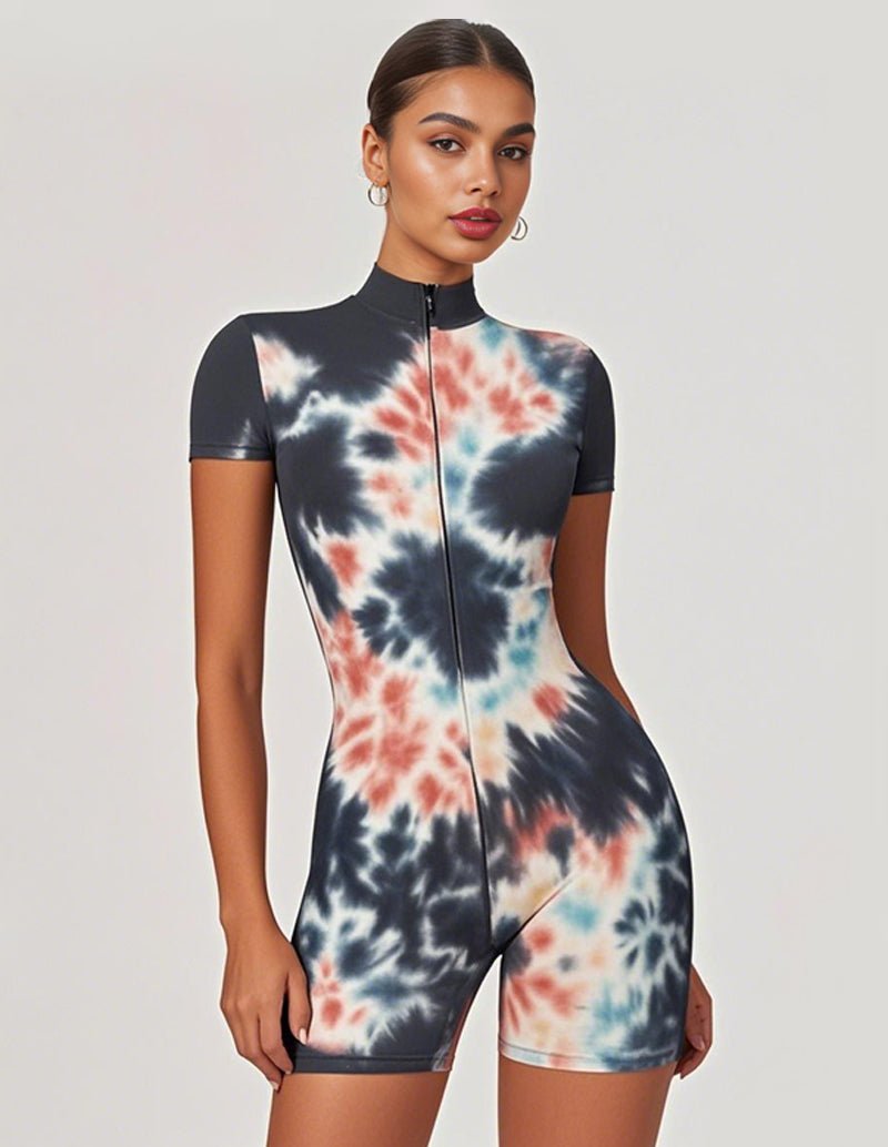 Black tie-dye zip-front jumpsuit with short sleeves and high neckline