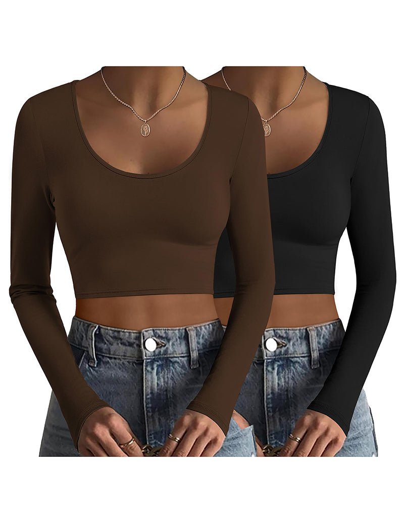Two thermal long-sleeve crop tops, brown and black, scoop neck, fitted