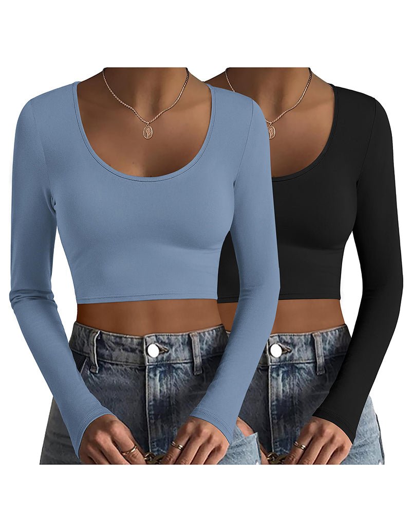 Two thermal long-sleeve crop tops, light blue and black, scoop neck, fitted