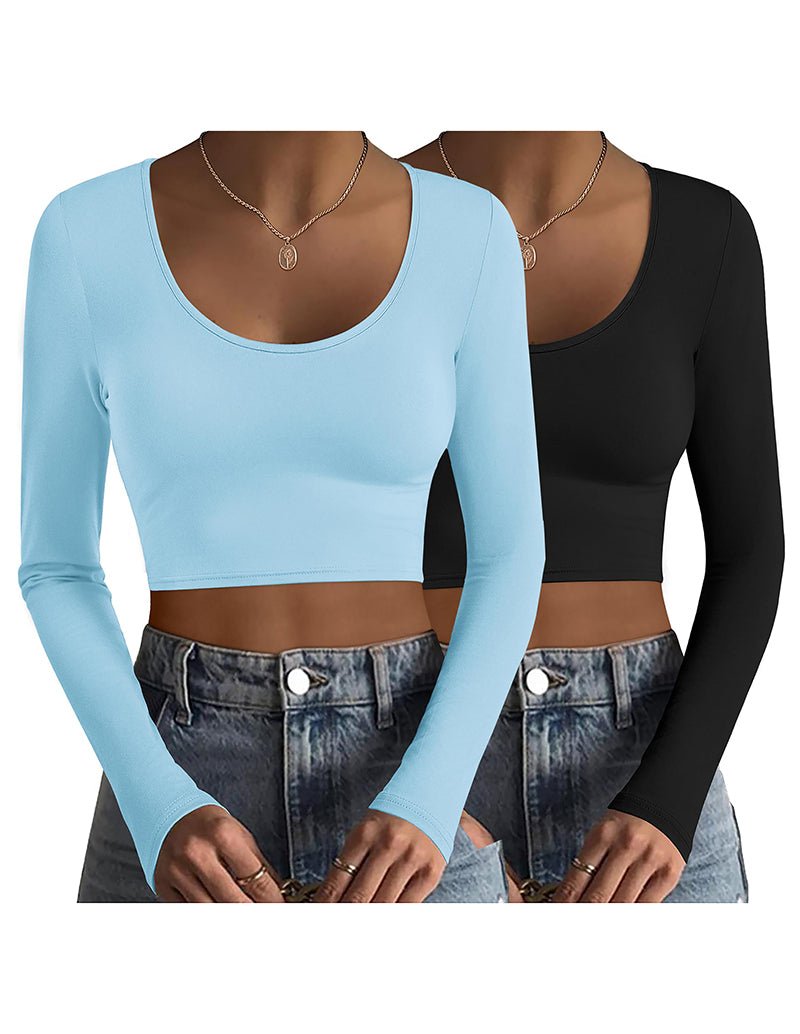 Two thermal long-sleeve crop tops, light blue and black, scoop neck, fitted