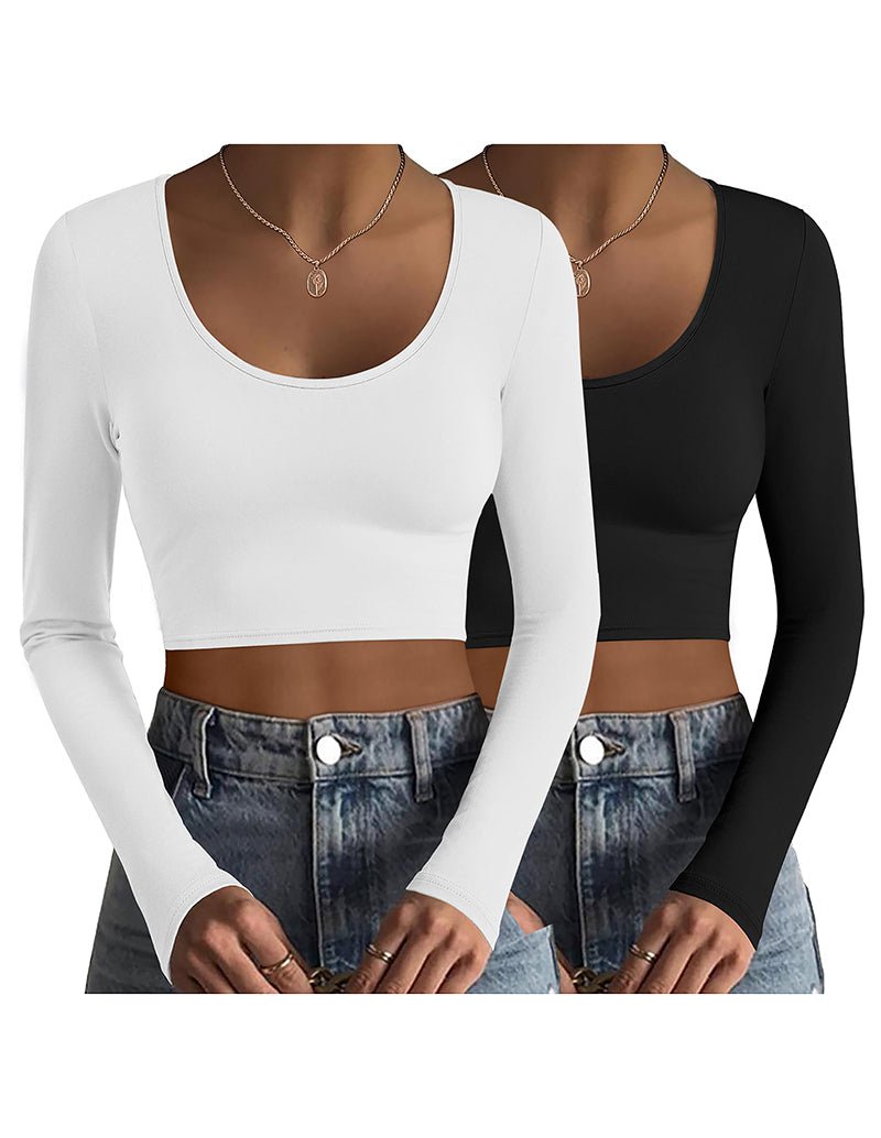 Two thermal long-sleeve crop tops, white and black, scoop neck, fitted