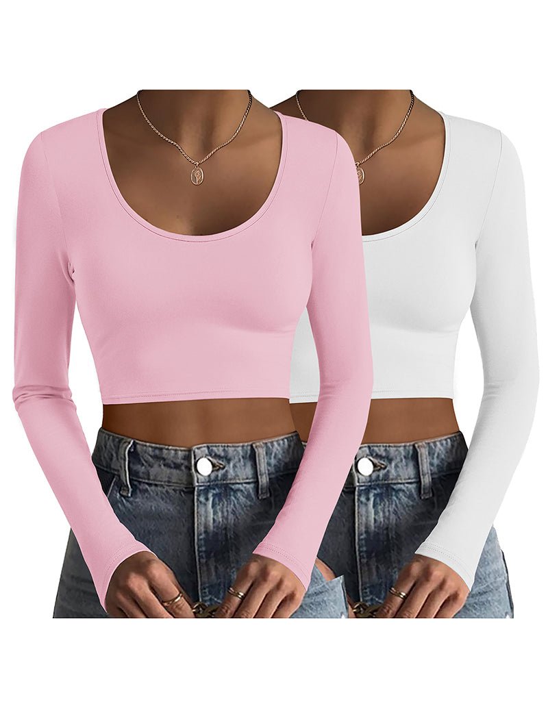 Two thermal long-sleeve crop tops, pink and white, scoop neck, fitted