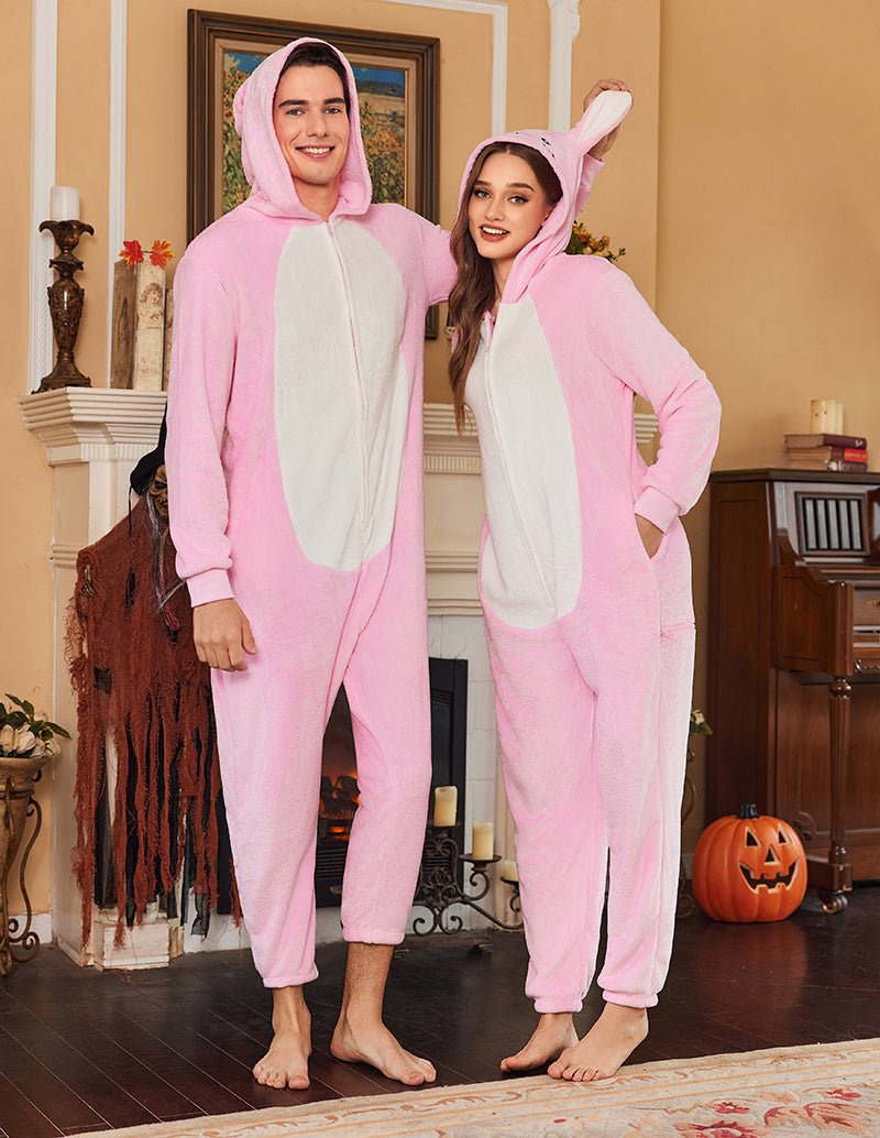 Pink unisex flannel onesie pajama with white belly panel and hood with animal ears