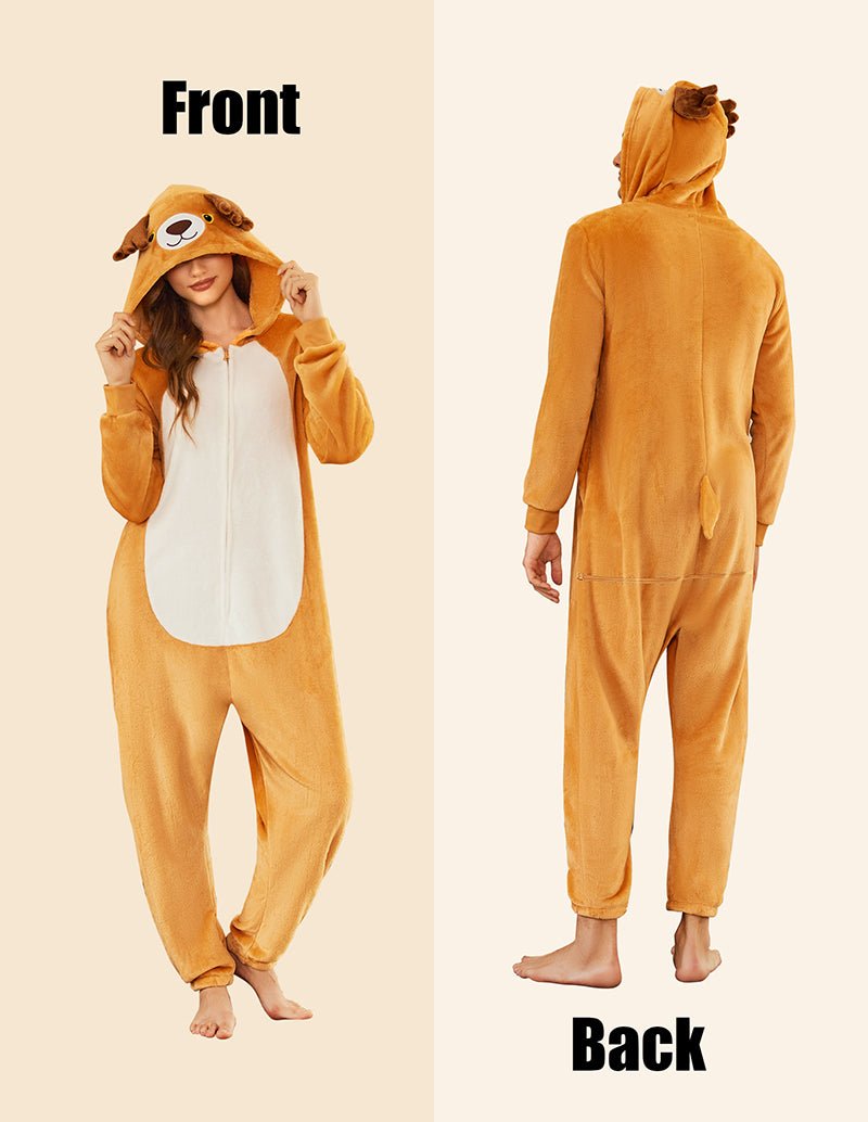 Orange unisex flannel onesie pajama, front and back views, hood with animal ears