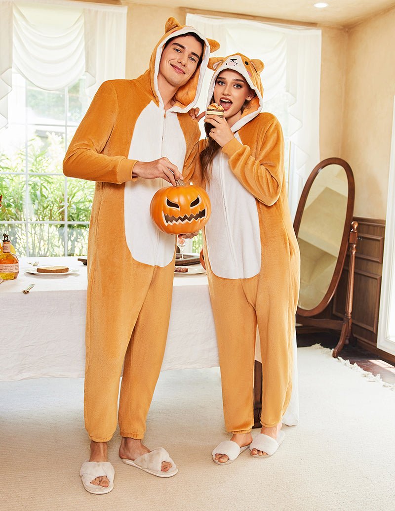 Orange unisex flannel onesie pajama with white belly panel, hood with animal ears