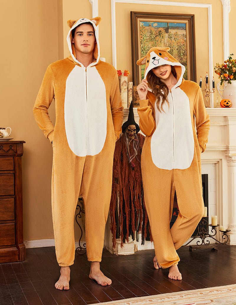 Orange unisex flannel onesie pajama with zip-front style and white belly panel