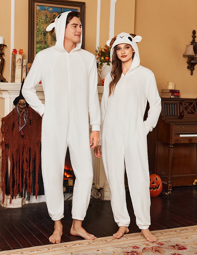 White unisex flannel onesie pajama with hood and animal-ear design